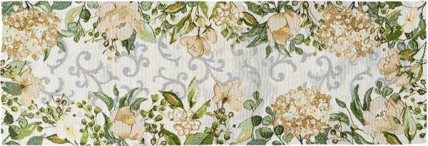 Tischläufer Gobelin mit einer Umrahmung aus Hortensien- und Wildrosenblüten in Creme und grünen Blättern
