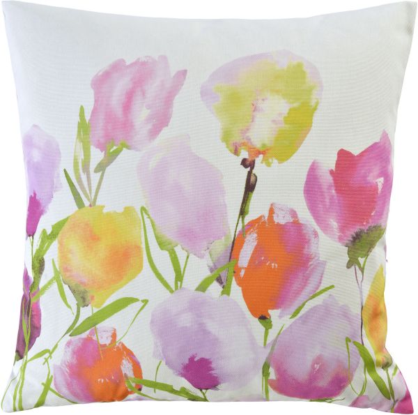 Kissenhülle Baumwolle weiß mit bunten Tulpen in gelb, orange, rosa und pink bedruckt.